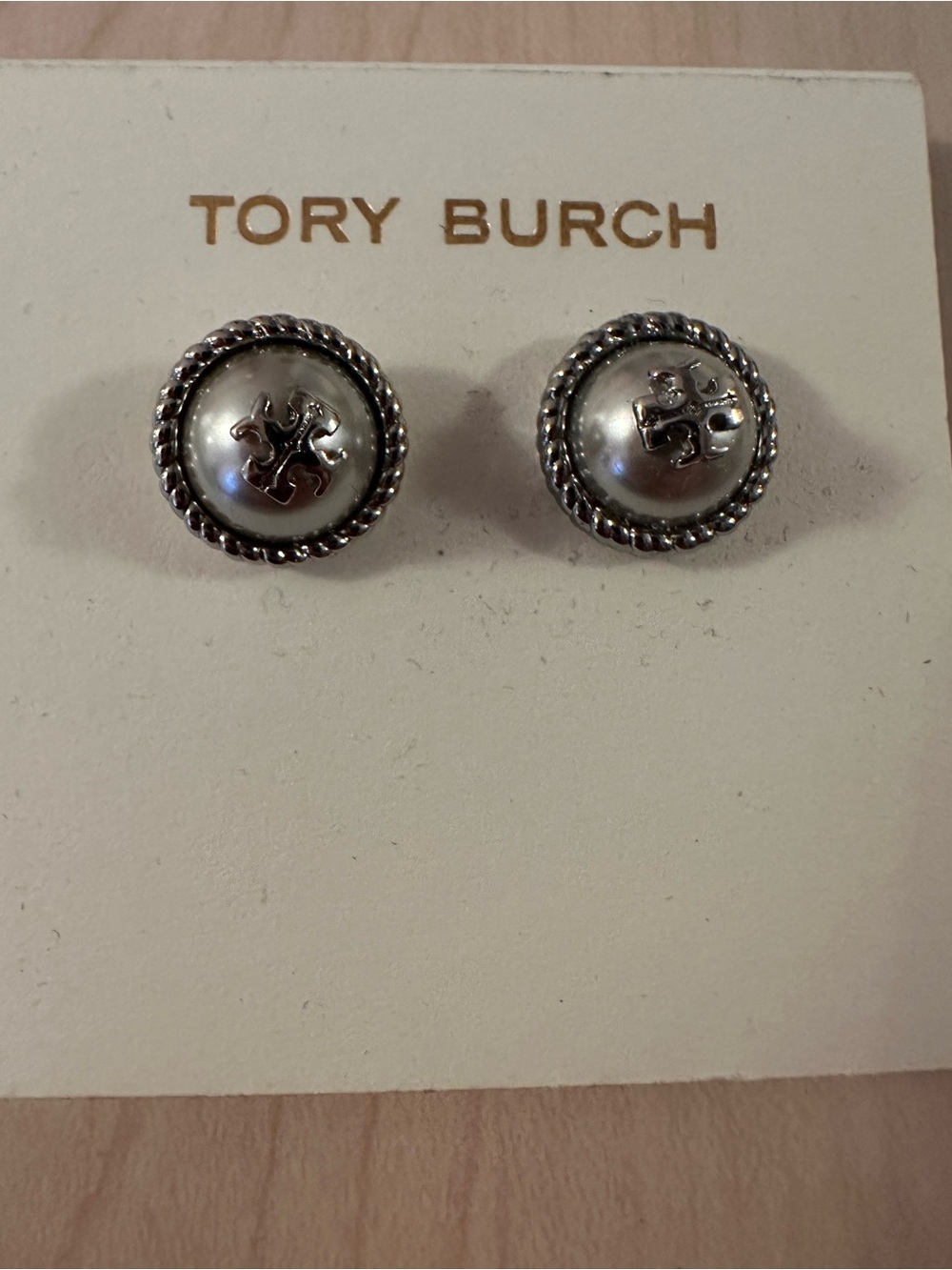 Tory Burch Silver-Tone Logo Button Earrings brand new nwt